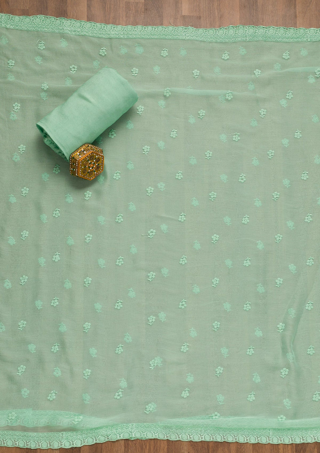Sea Green Threadwork Organza Unstitched Salwar Suit-Koskii