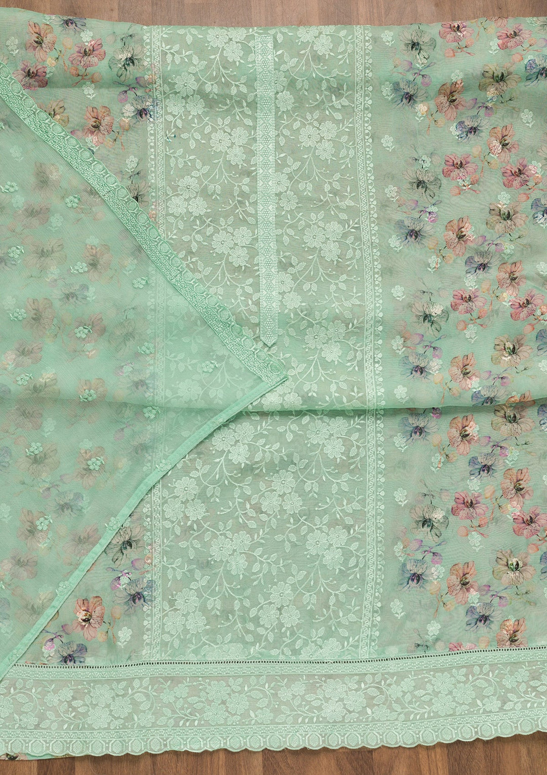 Sea Green Threadwork Organza Unstitched Salwar Suit-Koskii
