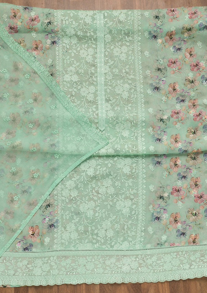 Sea Green Threadwork Organza Unstitched Salwar Suit-Koskii