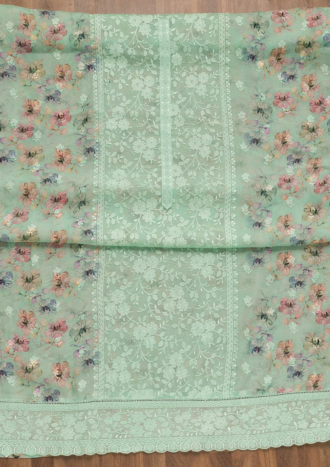 Sea Green Threadwork Organza Unstitched Salwar Suit-Koskii