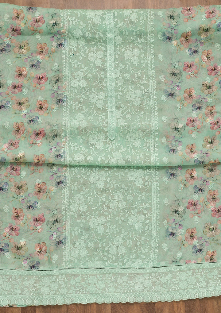 Sea Green Threadwork Organza Unstitched Salwar Suit-Koskii