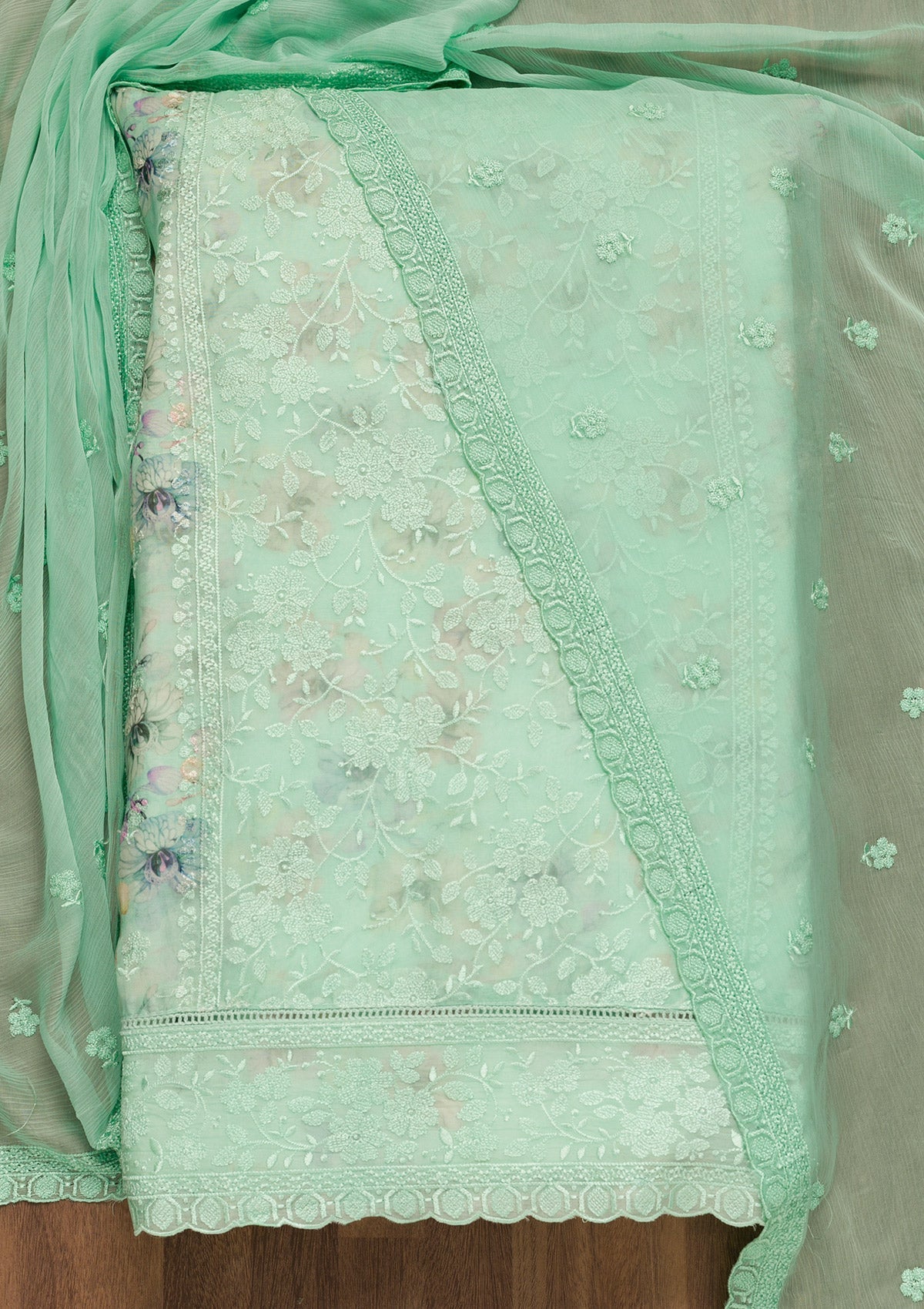 Sea Green Threadwork Organza Unstitched Salwar Suit-Koskii