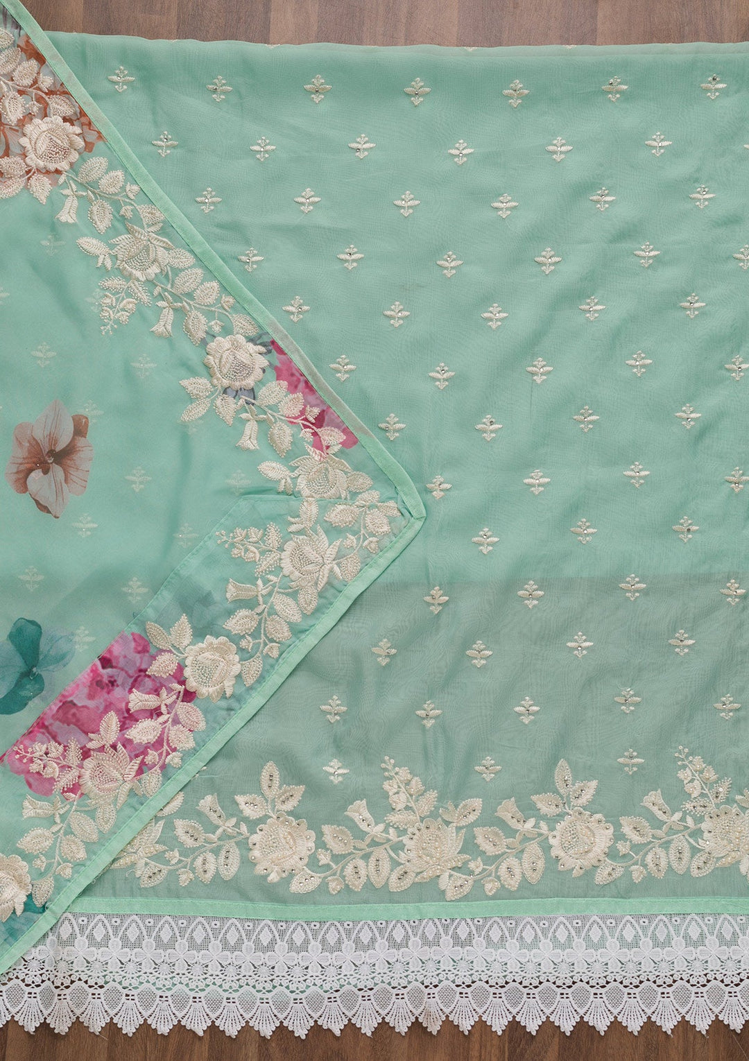 Sea Green Threadwork Organza Unstitched Salwar Suit-Koskii