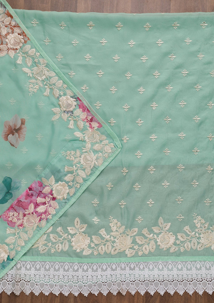 Sea Green Threadwork Organza Unstitched Salwar Suit-Koskii