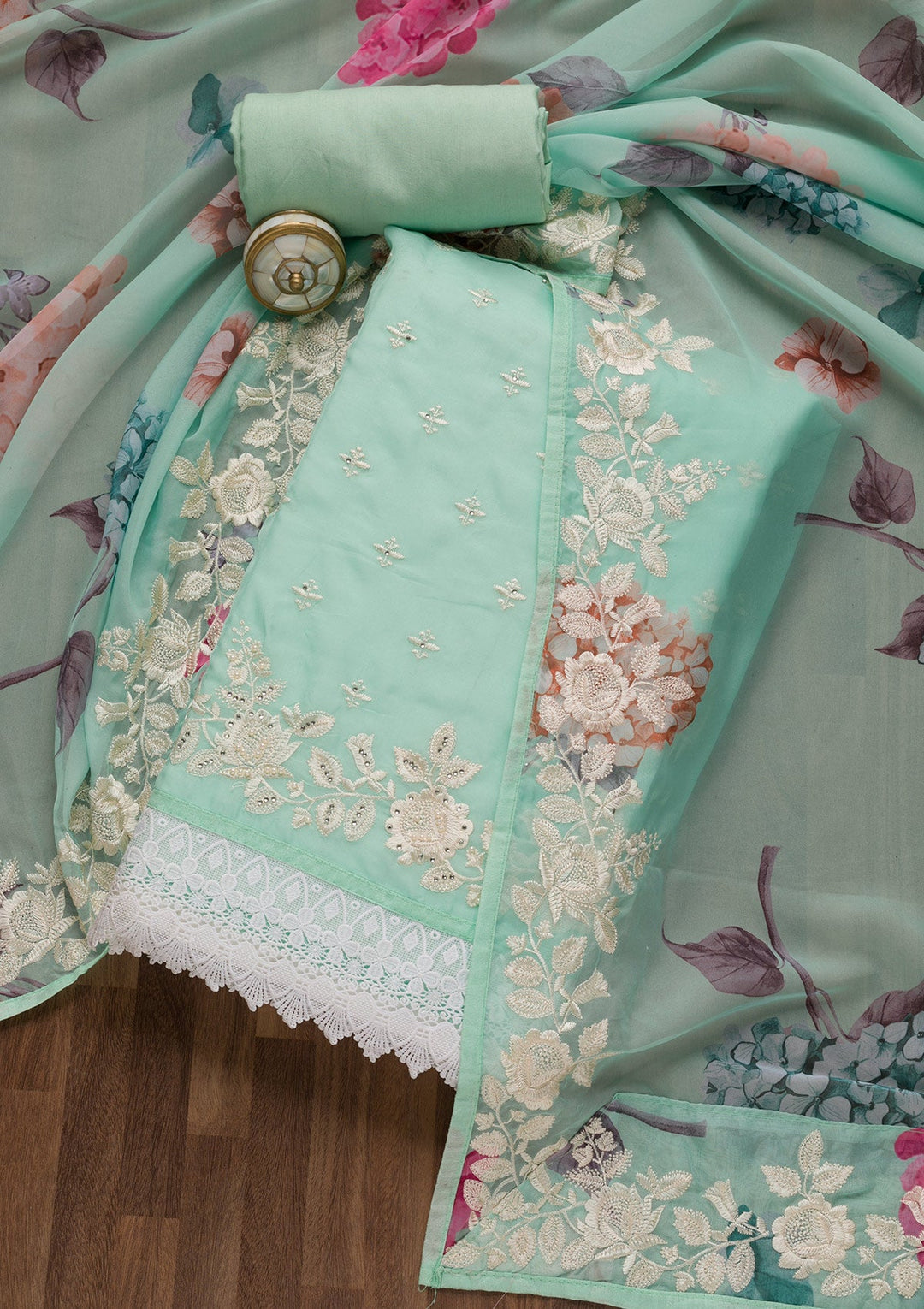 Sea Green Threadwork Organza Unstitched Salwar Suit-Koskii