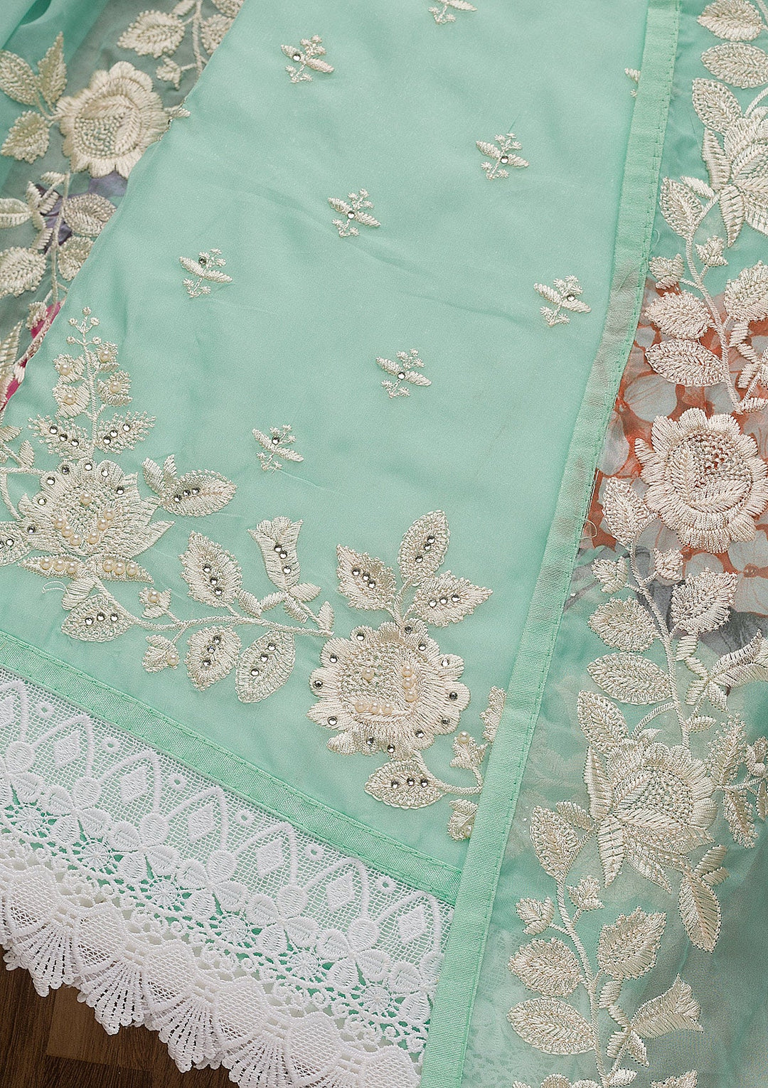 Sea Green Threadwork Organza Unstitched Salwar Suit-Koskii