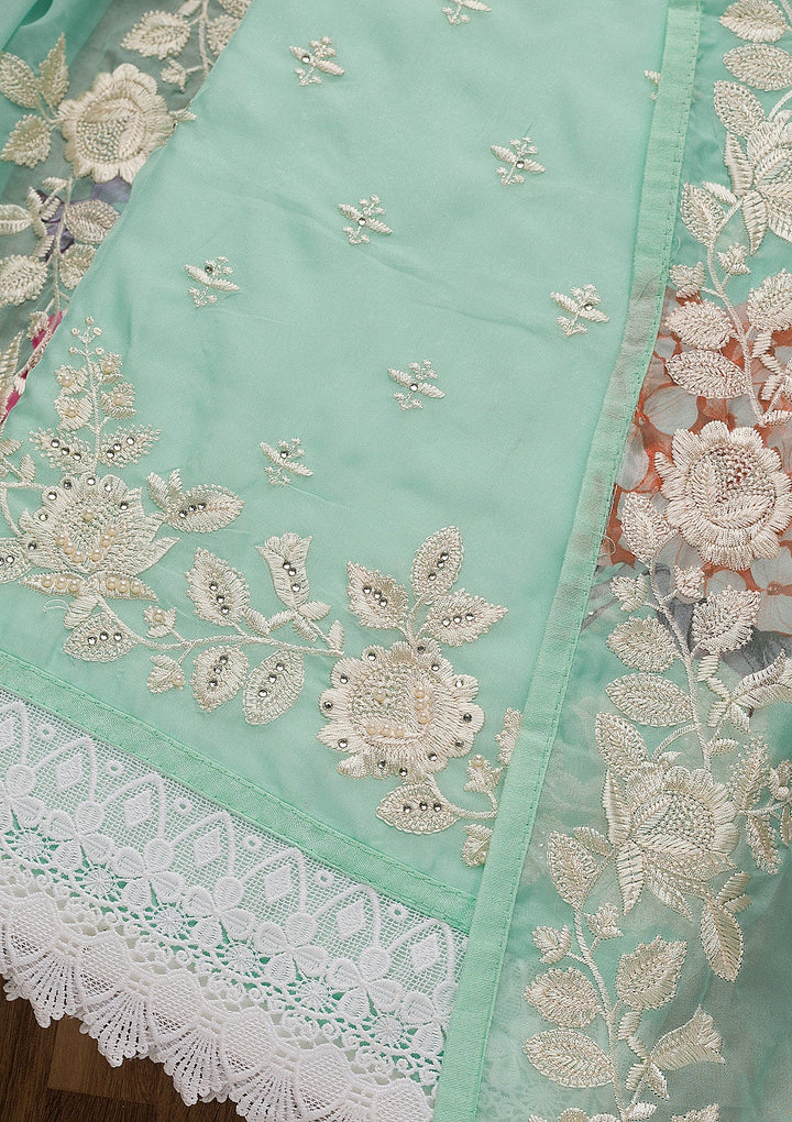Sea Green Threadwork Organza Unstitched Salwar Suit-Koskii