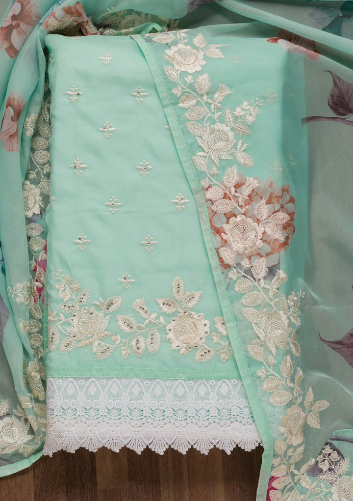 Sea Green Threadwork Organza Unstitched Salwar Suit-Koskii