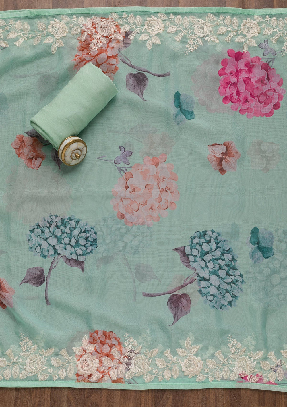 Sea Green Threadwork Organza Unstitched Salwar Suit-Koskii