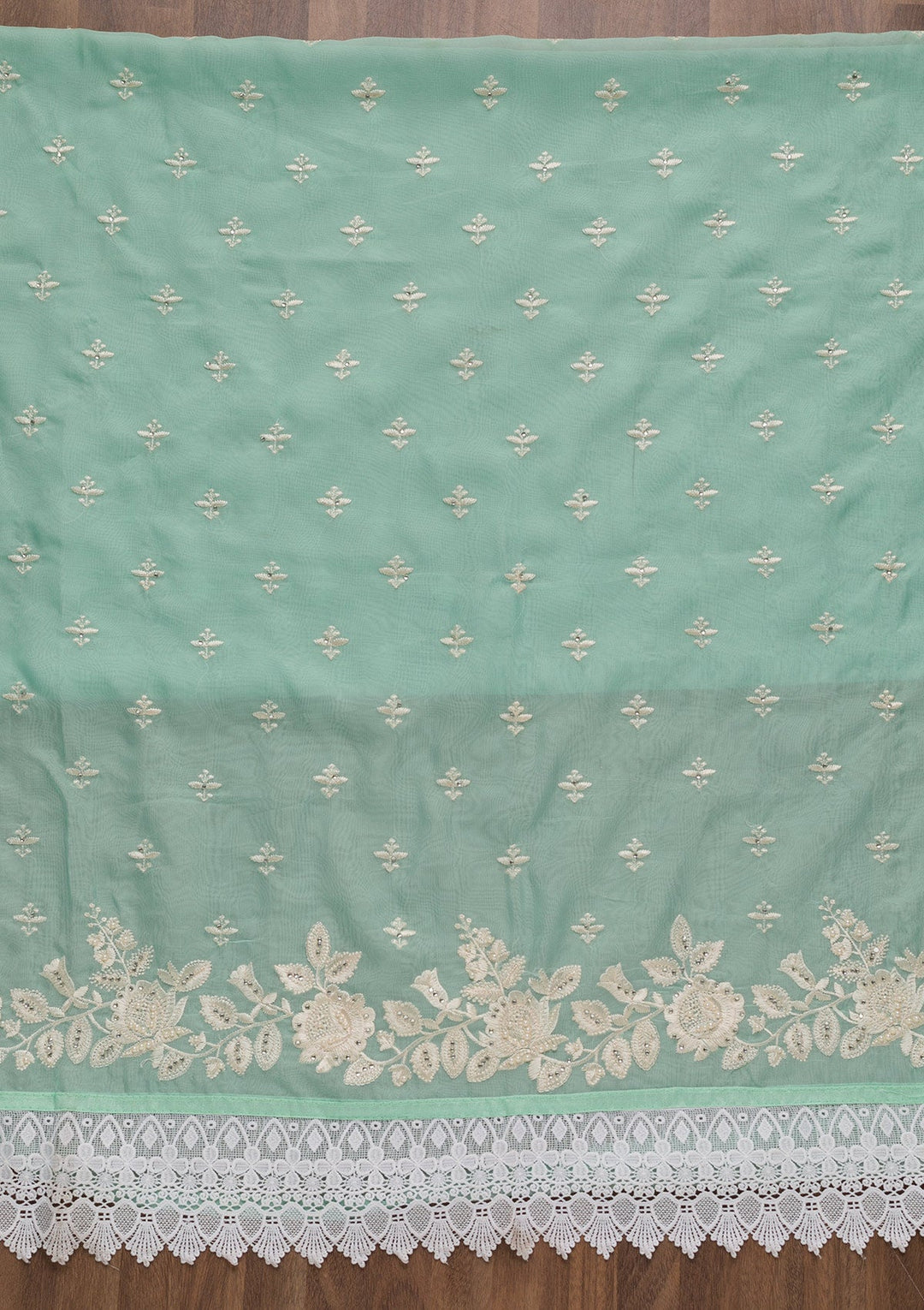 Sea Green Threadwork Organza Unstitched Salwar Suit-Koskii