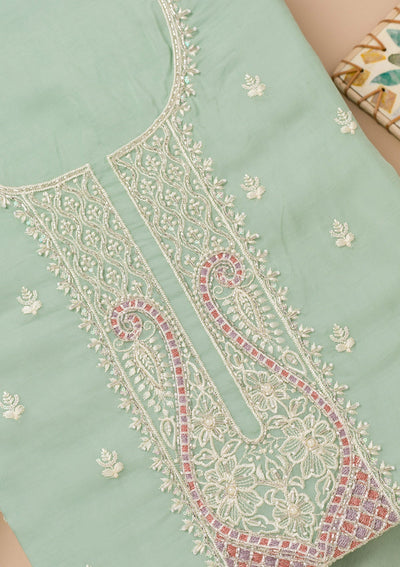 Sea Green Threadwork Organza Unstitched Salwar Suit-Koskii