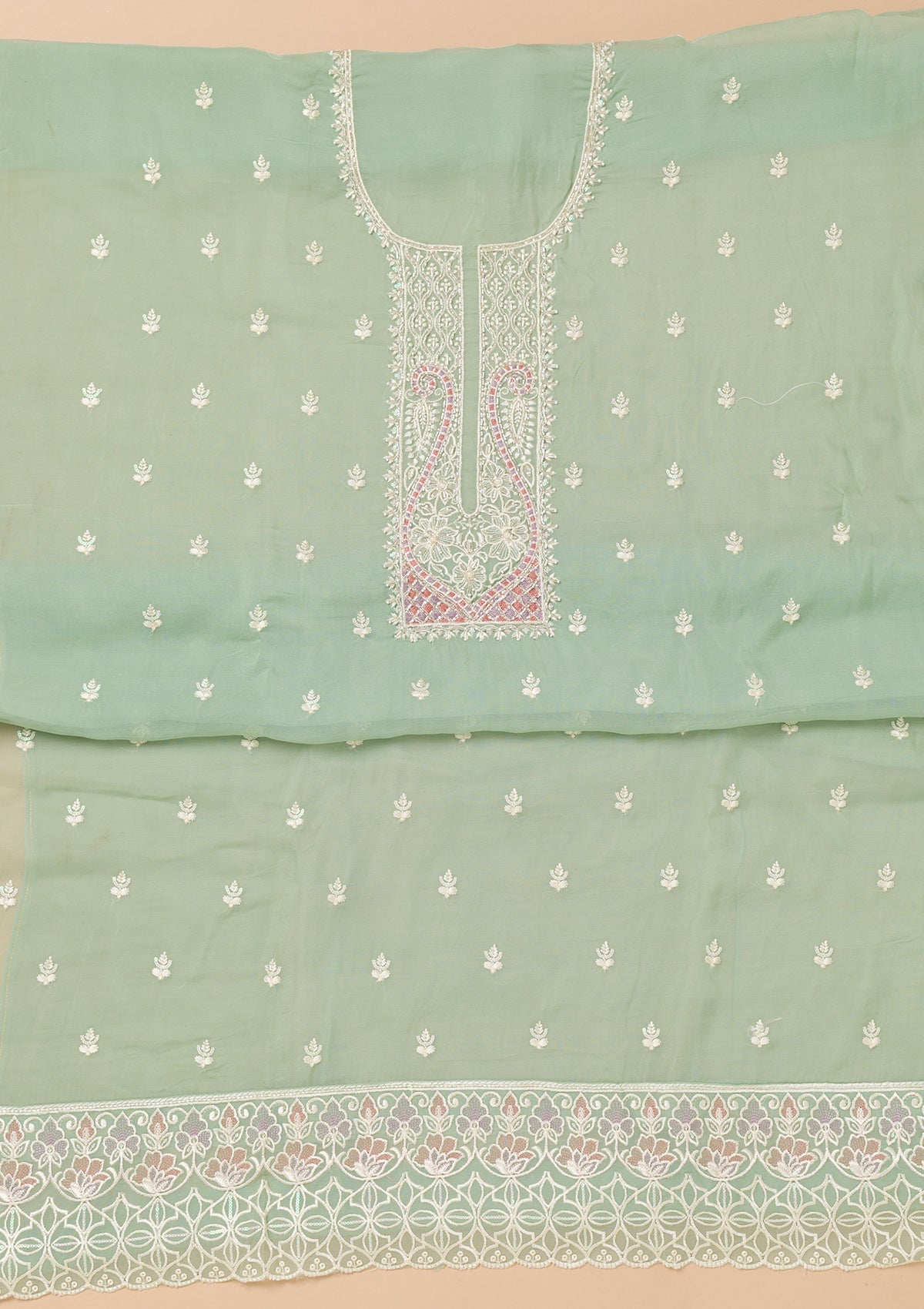 Sea Green Threadwork Organza Unstitched Salwar Suit-Koskii