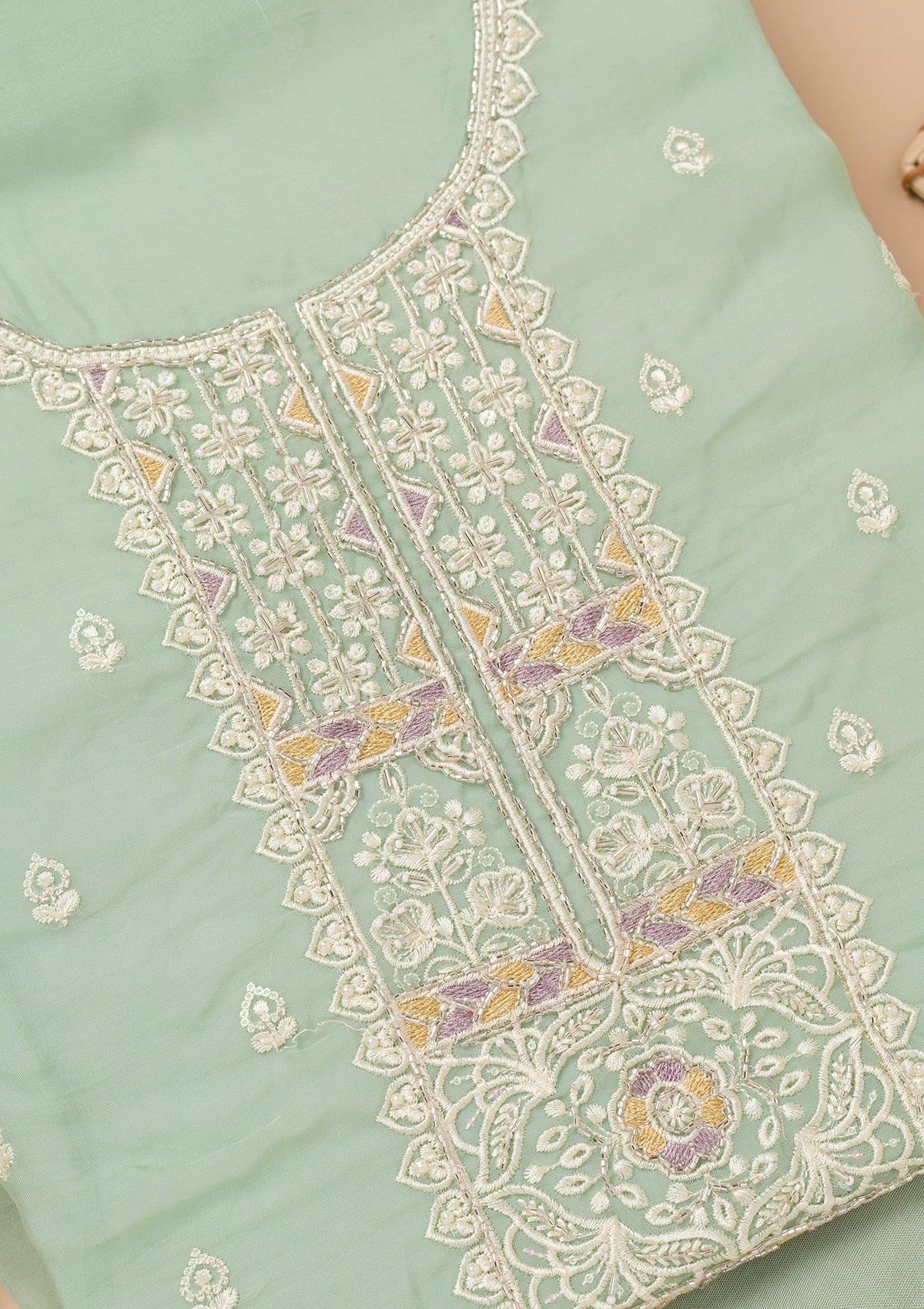 Sea Green Threadwork Organza Unstitched Salwar Kameez-Koskii