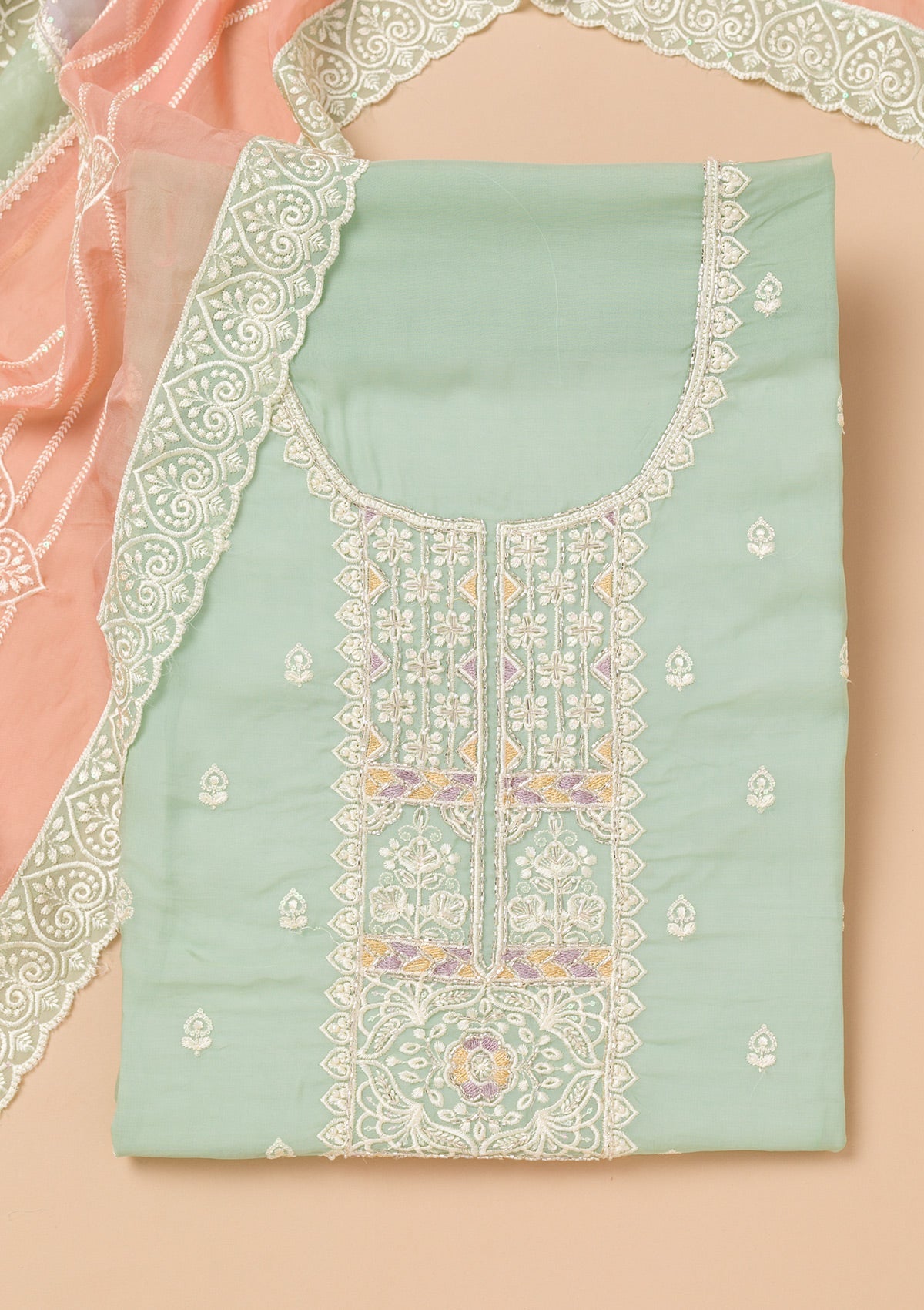 Sea Green Threadwork Organza Unstitched Salwar Kameez-Koskii