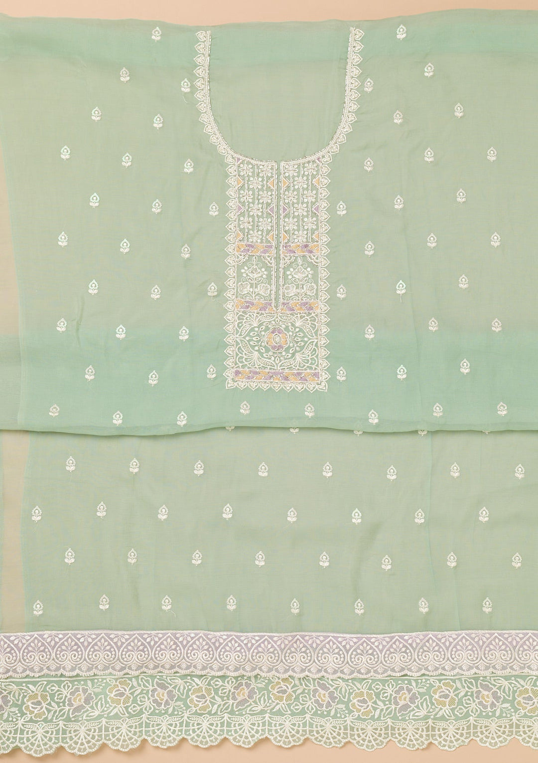 Sea Green Threadwork Organza Unstitched Salwar Kameez-Koskii