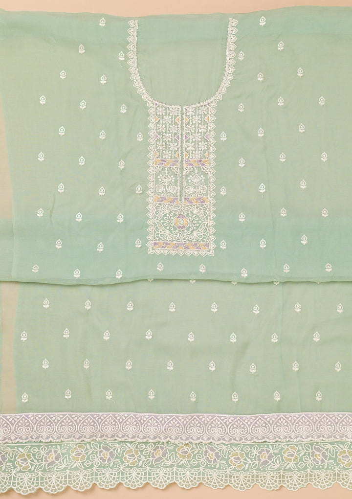 Sea Green Threadwork Organza Unstitched Salwar Kameez-Koskii