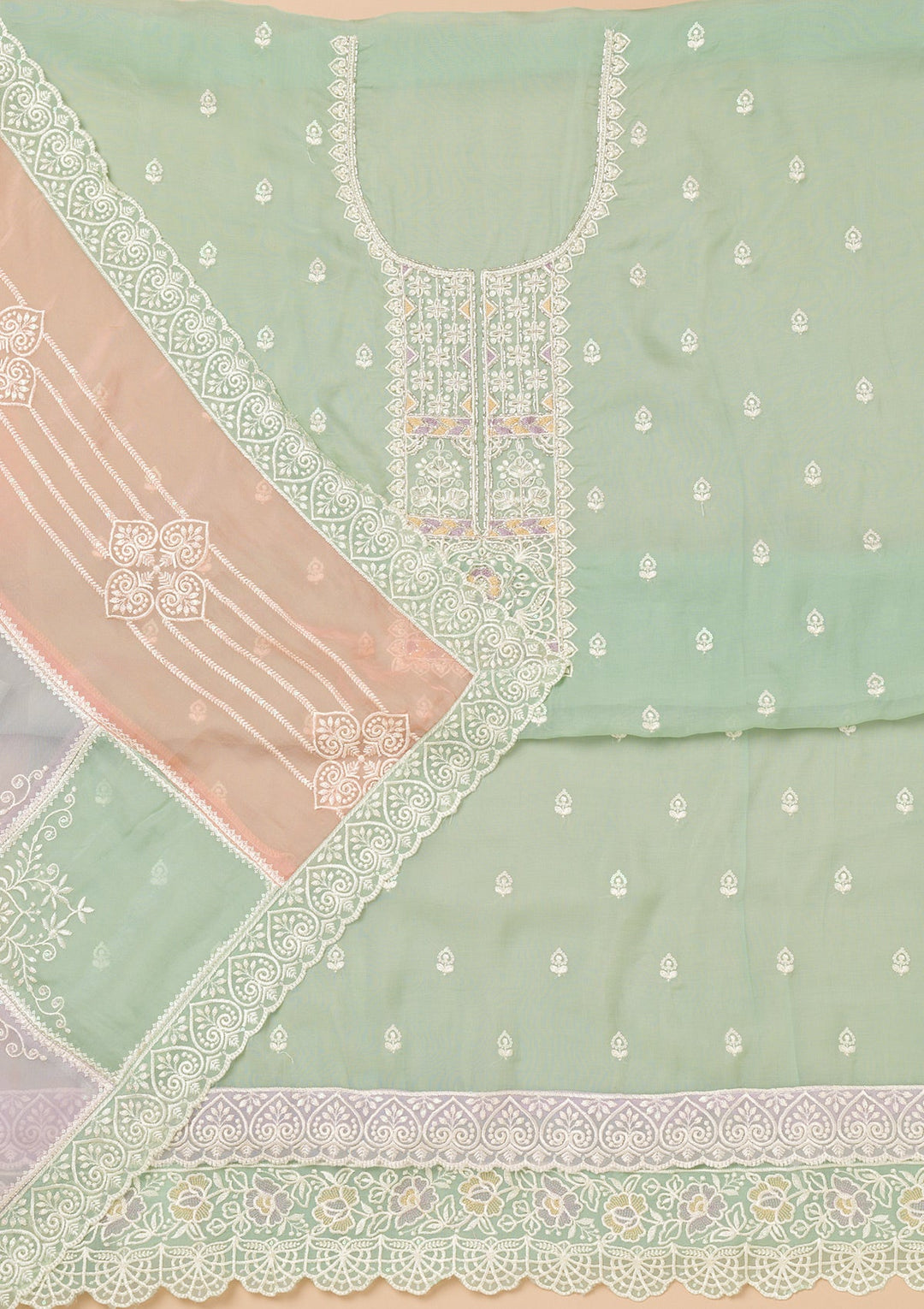 Sea Green Threadwork Organza Unstitched Salwar Kameez-Koskii