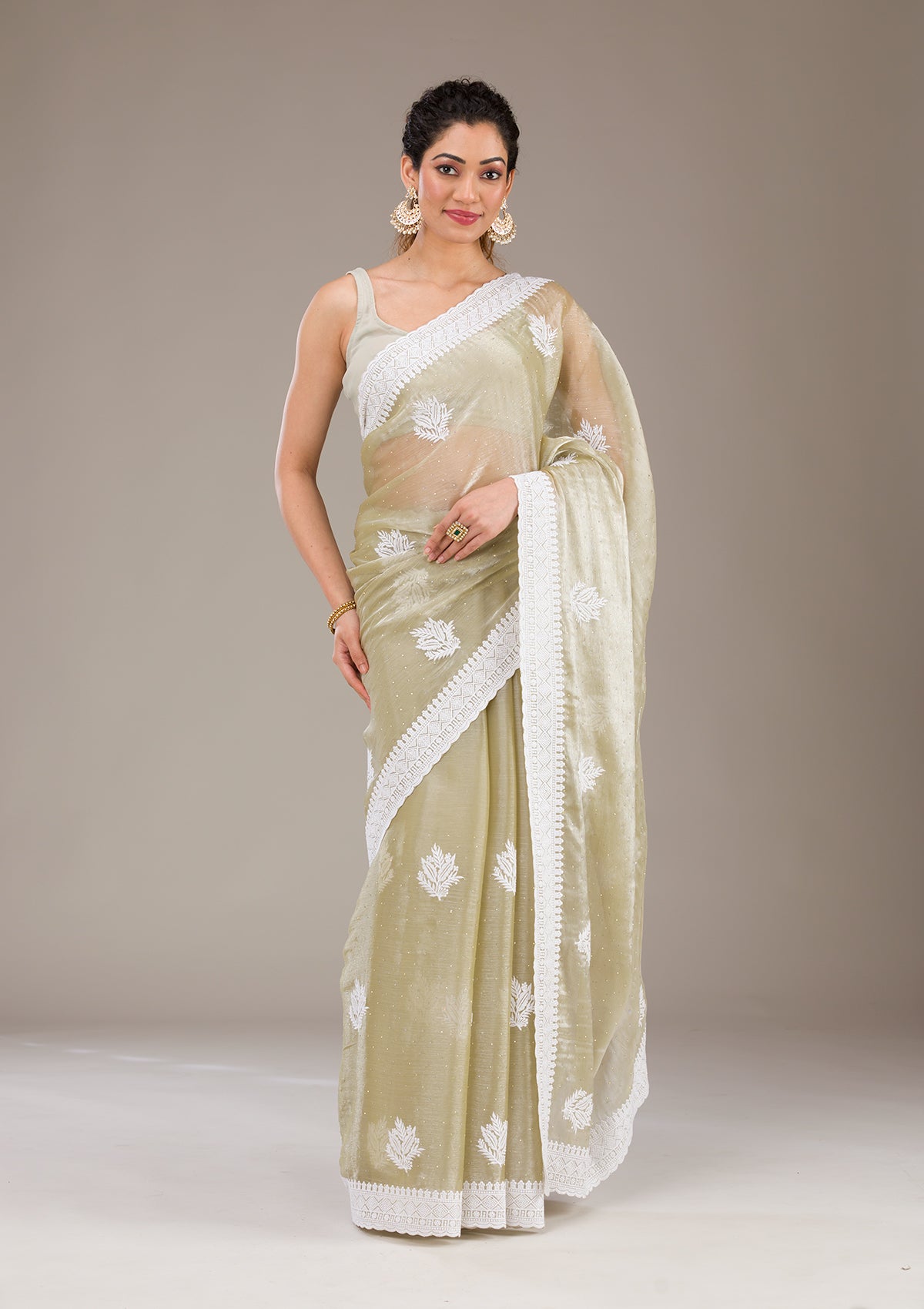 Sea Green Threadwork Organza Saree