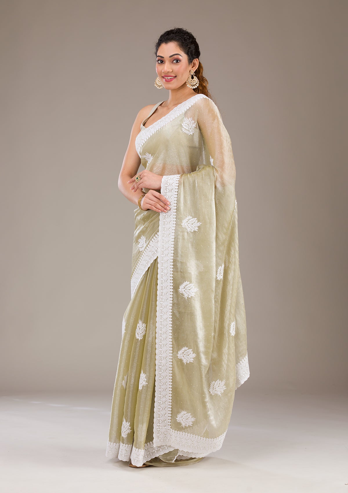 Sea Green Threadwork Organza Saree