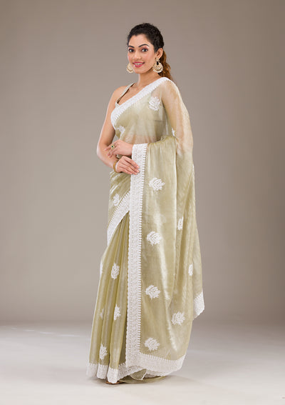 Sea Green Threadwork Organza Saree