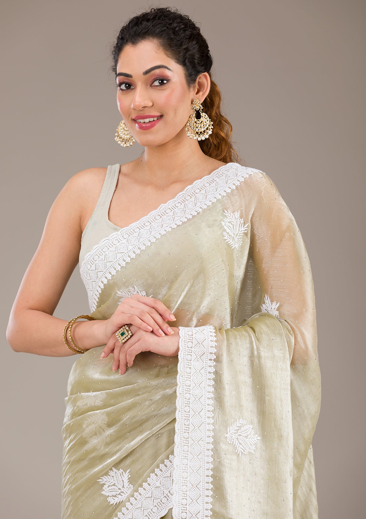 Sea Green Threadwork Organza Saree