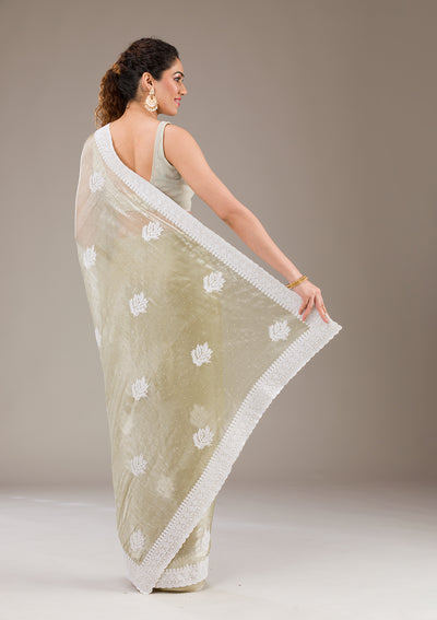 Sea Green Threadwork Organza Saree