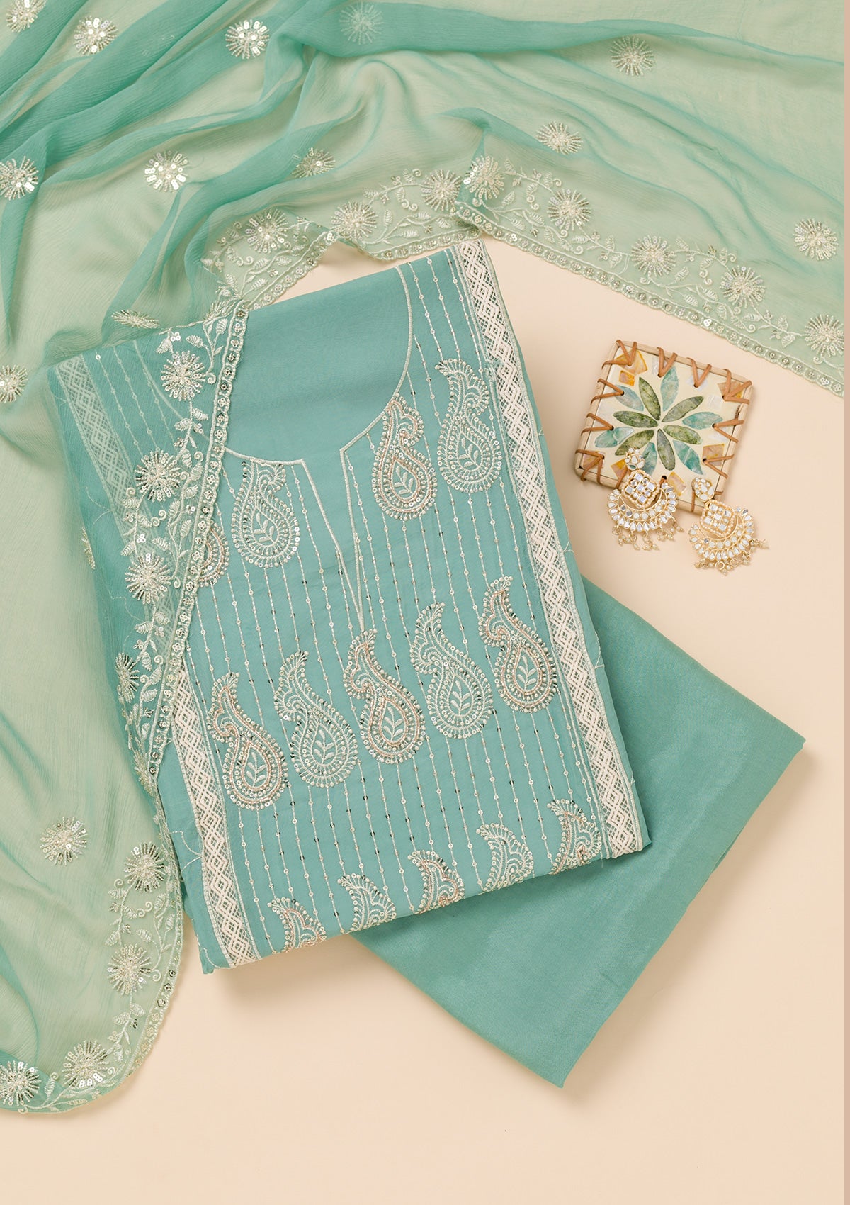 Sea Green Threadwork Semi Crepe Unstitched Salwar Suit