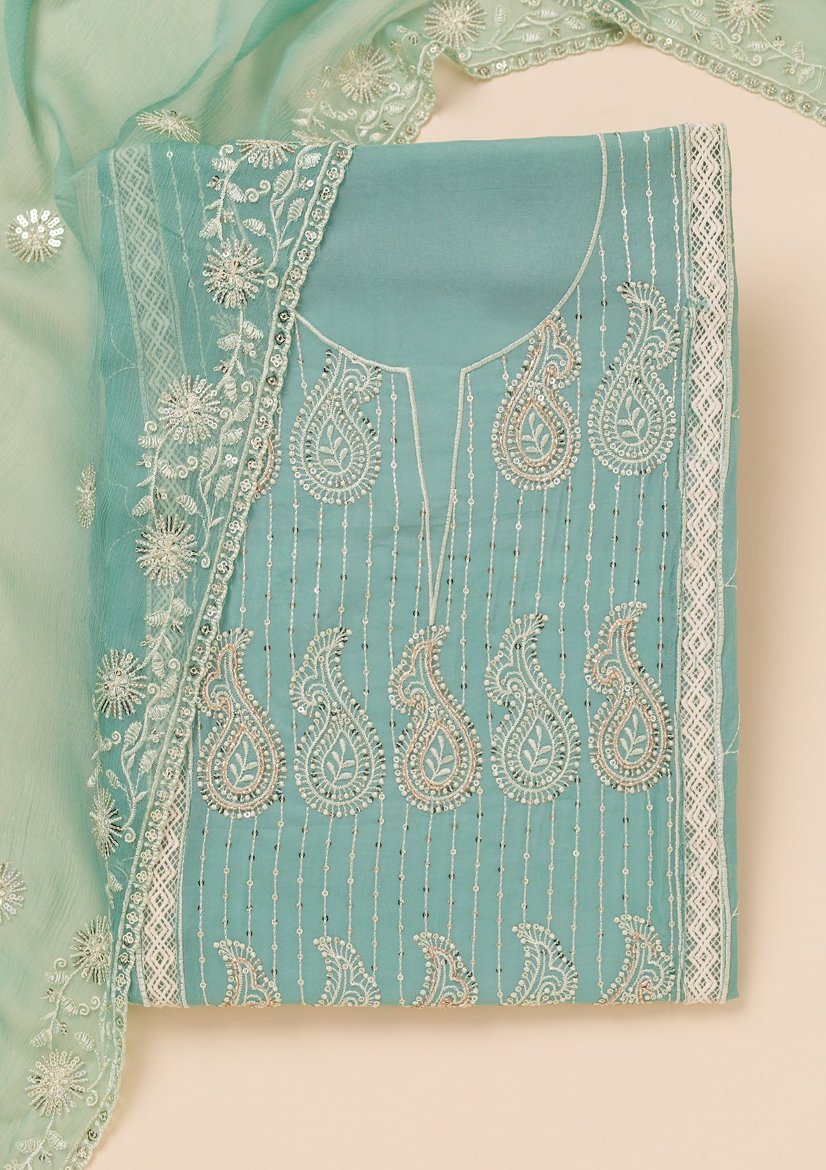 Sea Green Threadwork Semi Crepe Unstitched Salwar Suit