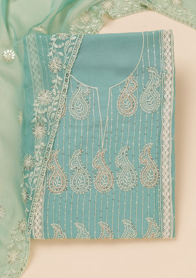 Sea Green Threadwork Semi Crepe Unstitched Salwar Suit