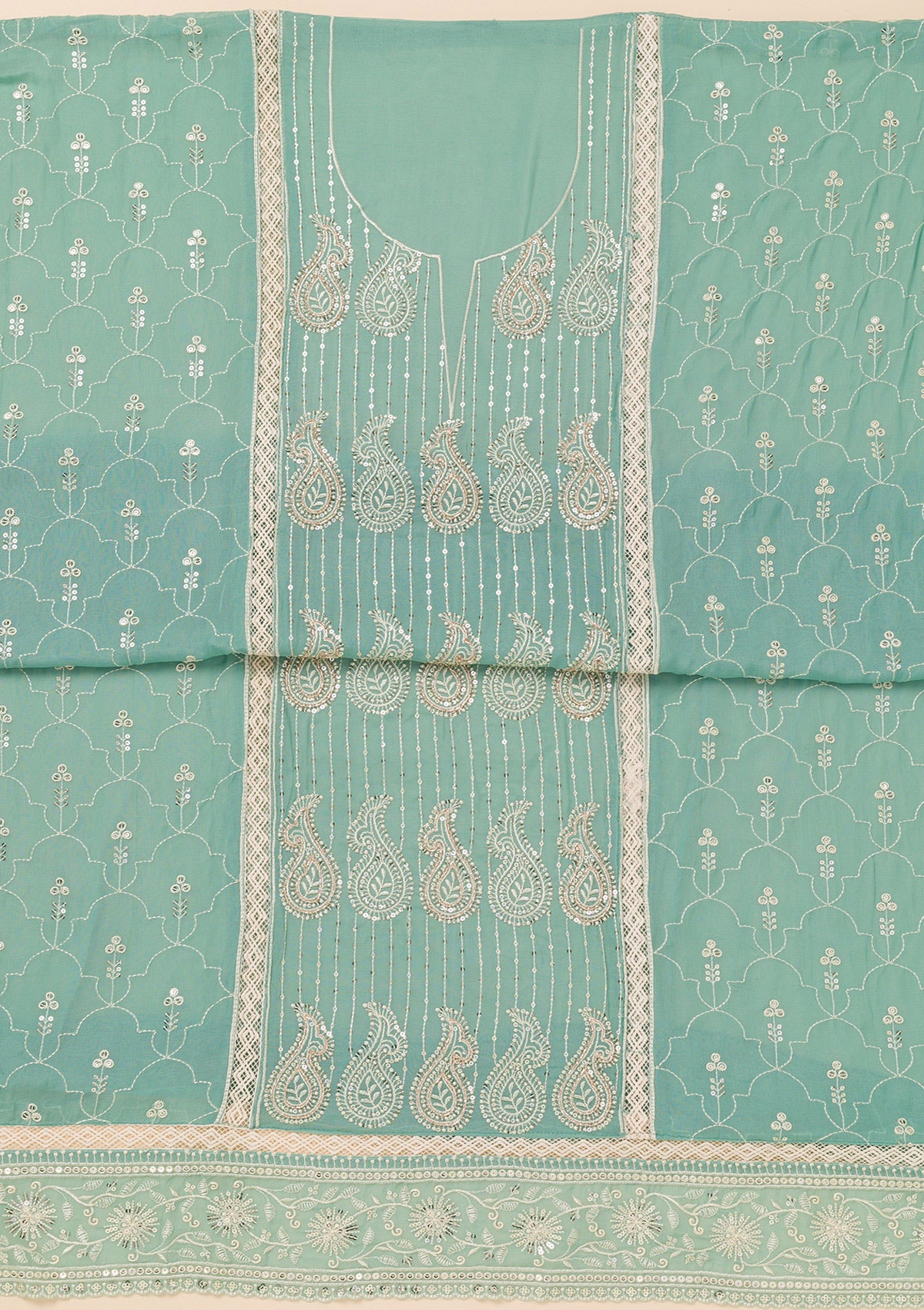 Sea Green Threadwork Semi Crepe Unstitched Salwar Suit