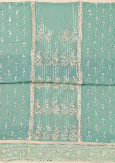 Sea Green Threadwork Semi Crepe Unstitched Salwar Suit