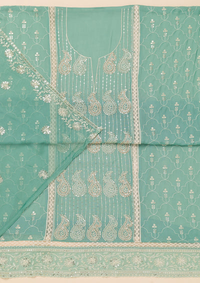 Sea Green Threadwork Semi Crepe Unstitched Salwar Suit