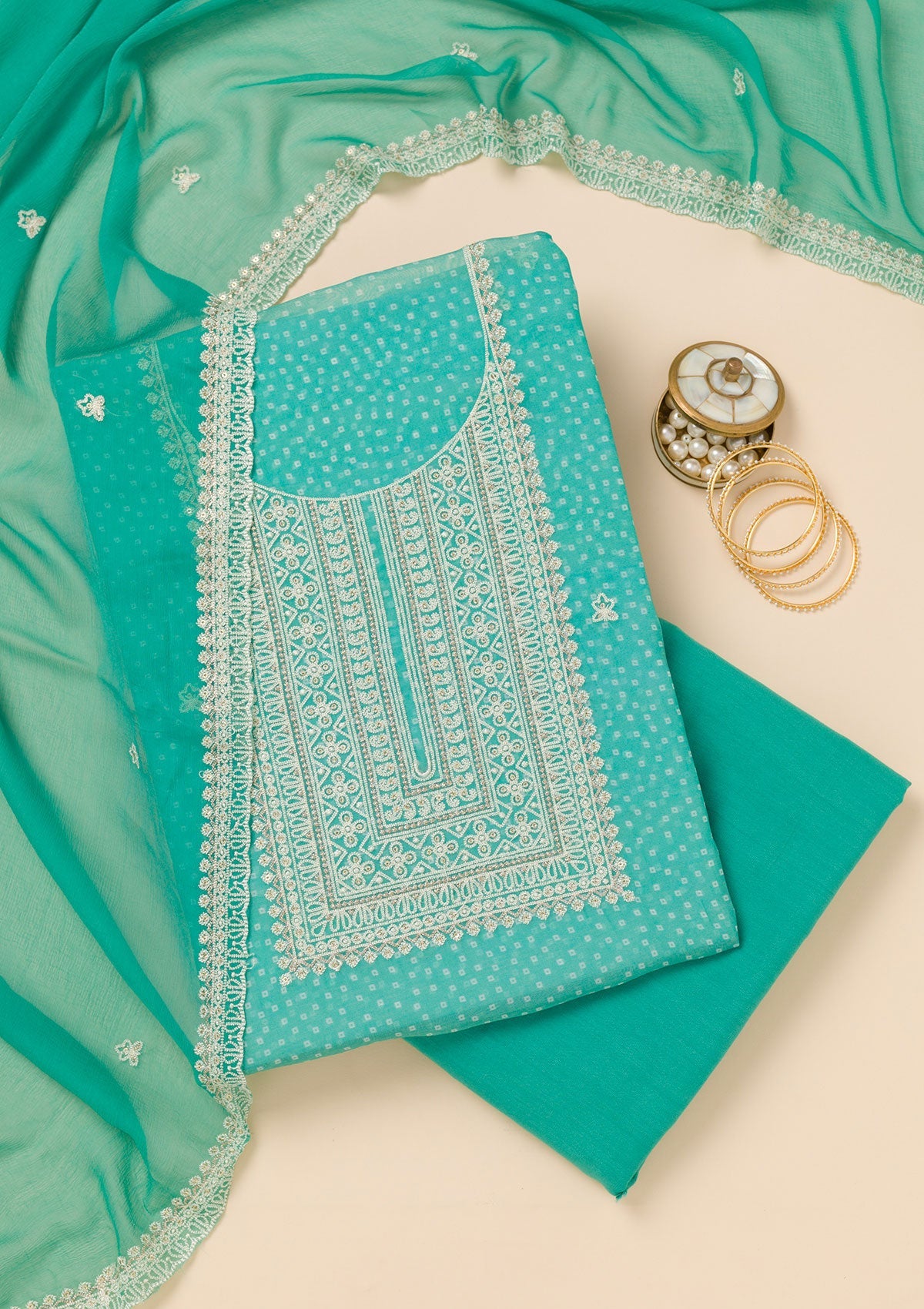 Sea Green Threadwork Semi Crepe Unstitched Salwar Suit-Koskii