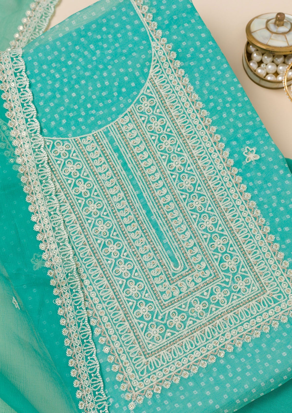 Sea Green Threadwork Semi Crepe Unstitched Salwar Suit-Koskii