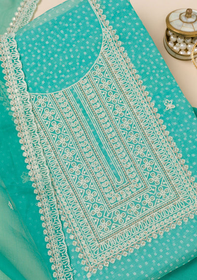 Sea Green Threadwork Semi Crepe Unstitched Salwar Suit-Koskii