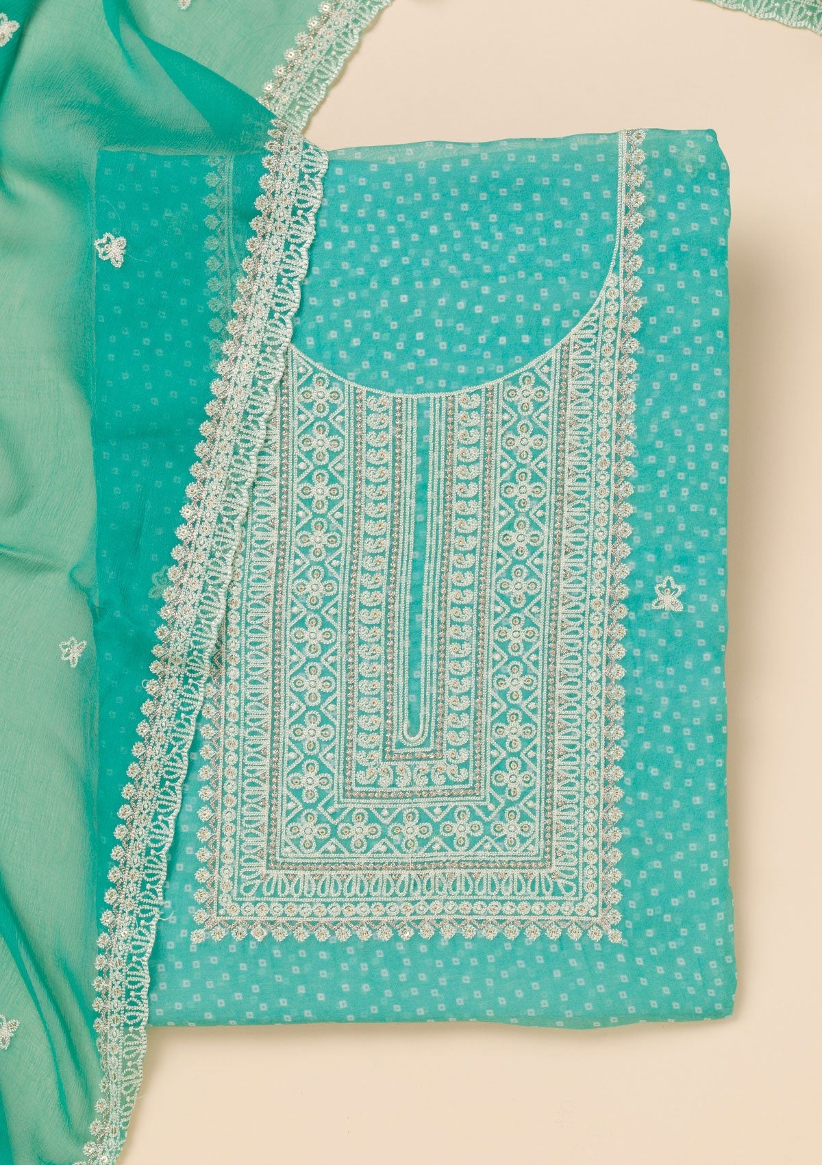 Sea Green Threadwork Semi Crepe Unstitched Salwar Suit-Koskii