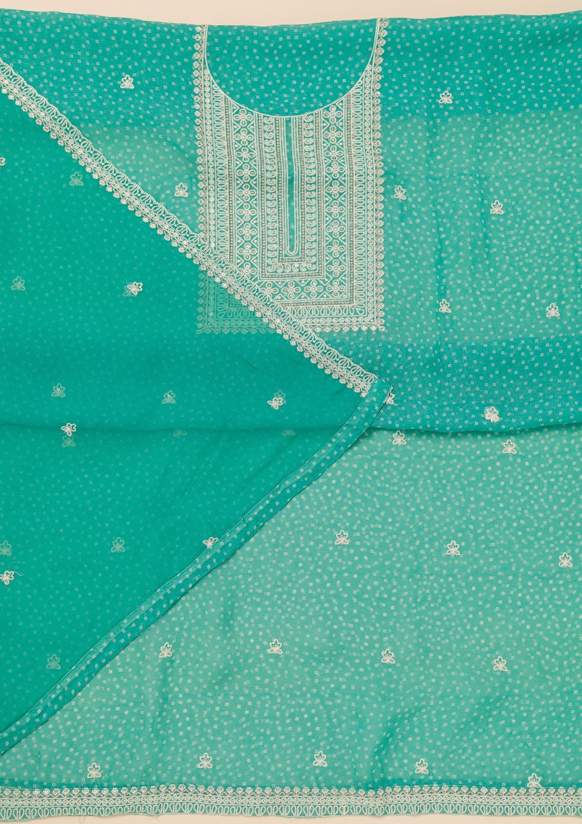 Sea Green Threadwork Semi Crepe Unstitched Salwar Suit-Koskii