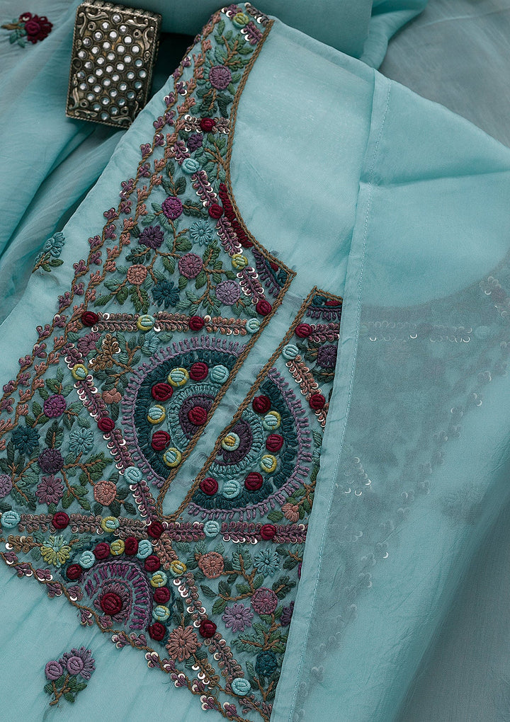 Sea Green Threadwork Tissue Unstitched Salwar Suit-Koskii