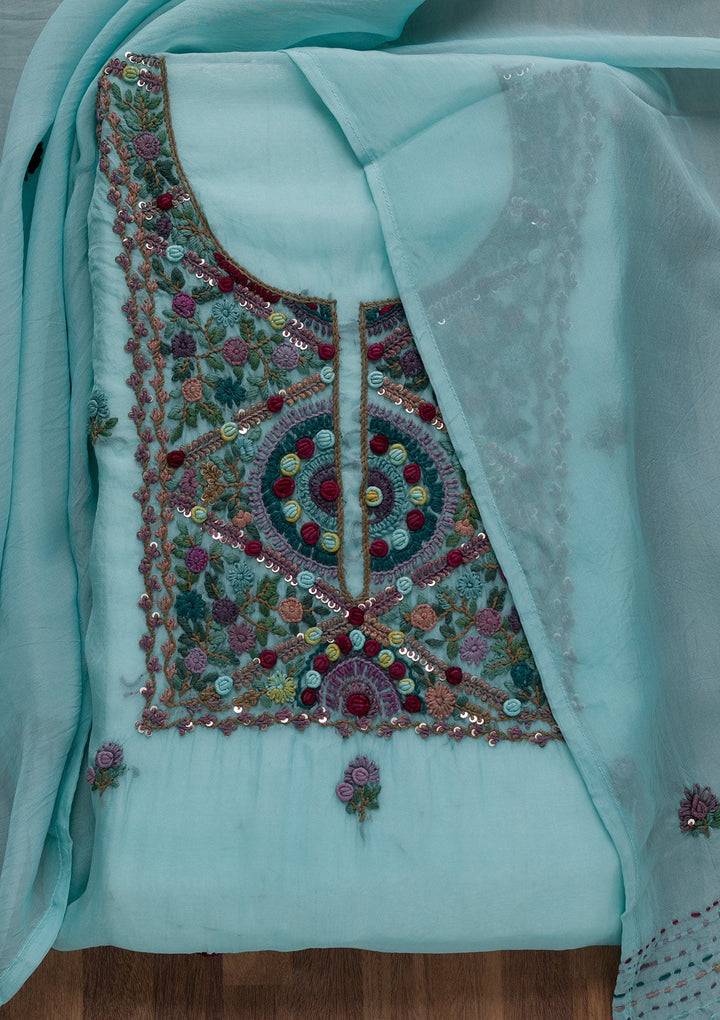 Sea Green Threadwork Tissue Unstitched Salwar Suit-Koskii