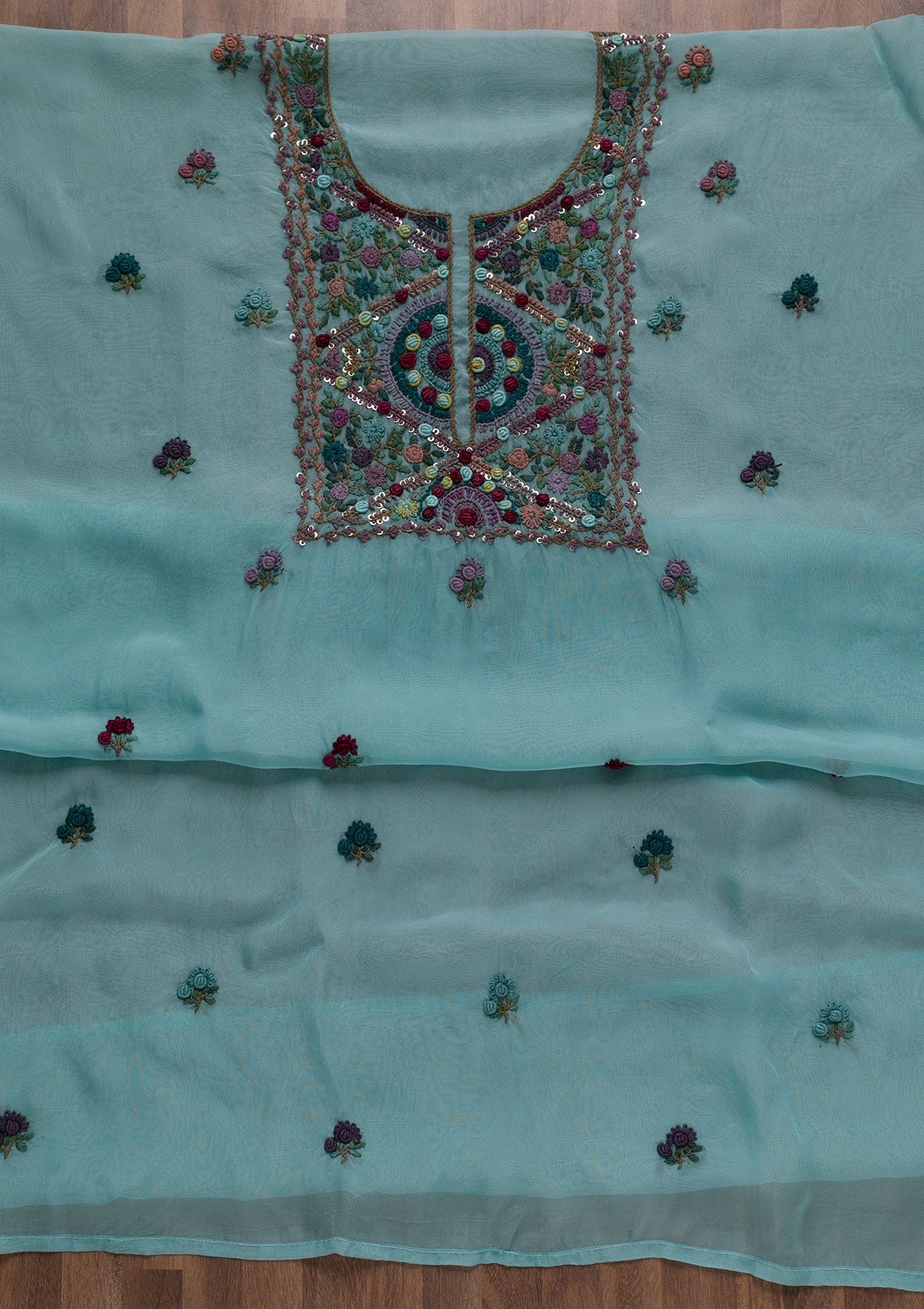 Sea Green Threadwork Tissue Unstitched Salwar Suit-Koskii