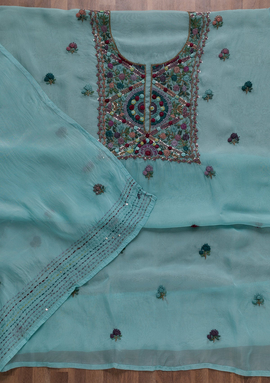 Sea Green Threadwork Tissue Unstitched Salwar Suit-Koskii