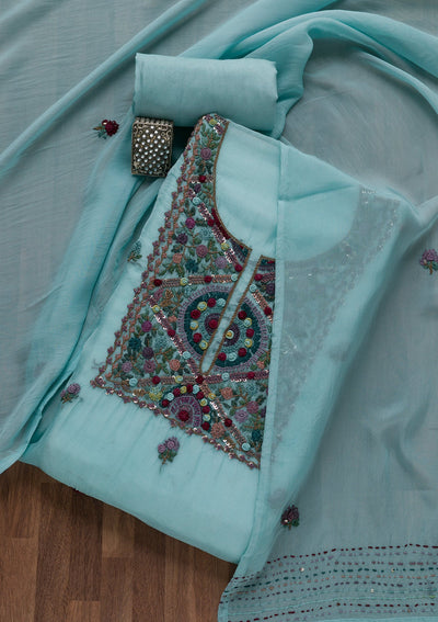 Sea Green Threadwork Tissue Unstitched Salwar Suit-Koskii