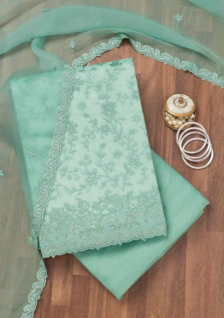 Sea Green Threadwork Tissue Unstitched Salwar Suit-Koskii