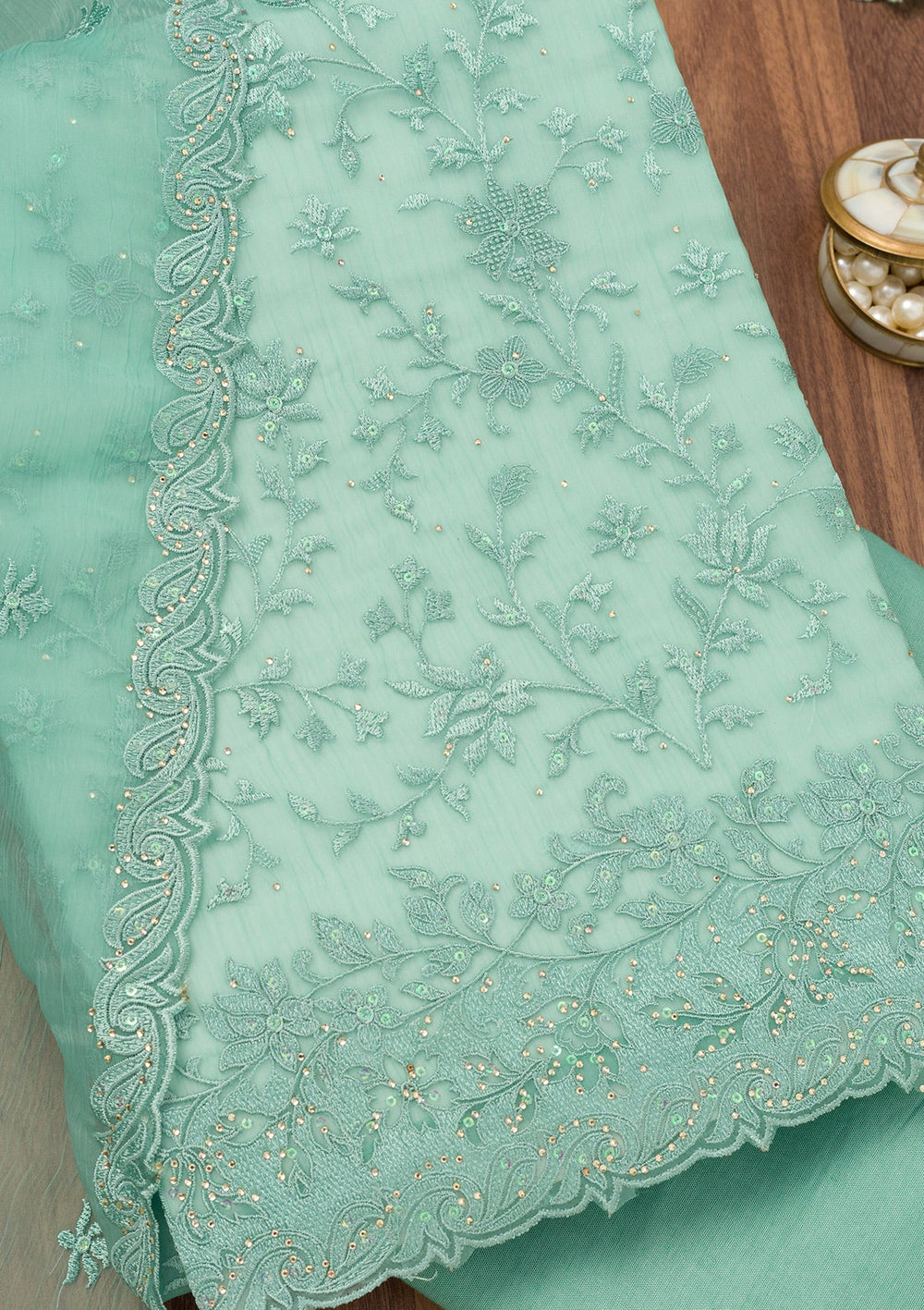 Sea Green Threadwork Tissue Unstitched Salwar Suit-Koskii