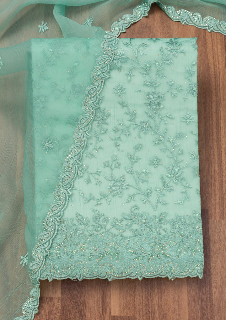 Sea Green Threadwork Tissue Unstitched Salwar Suit-Koskii