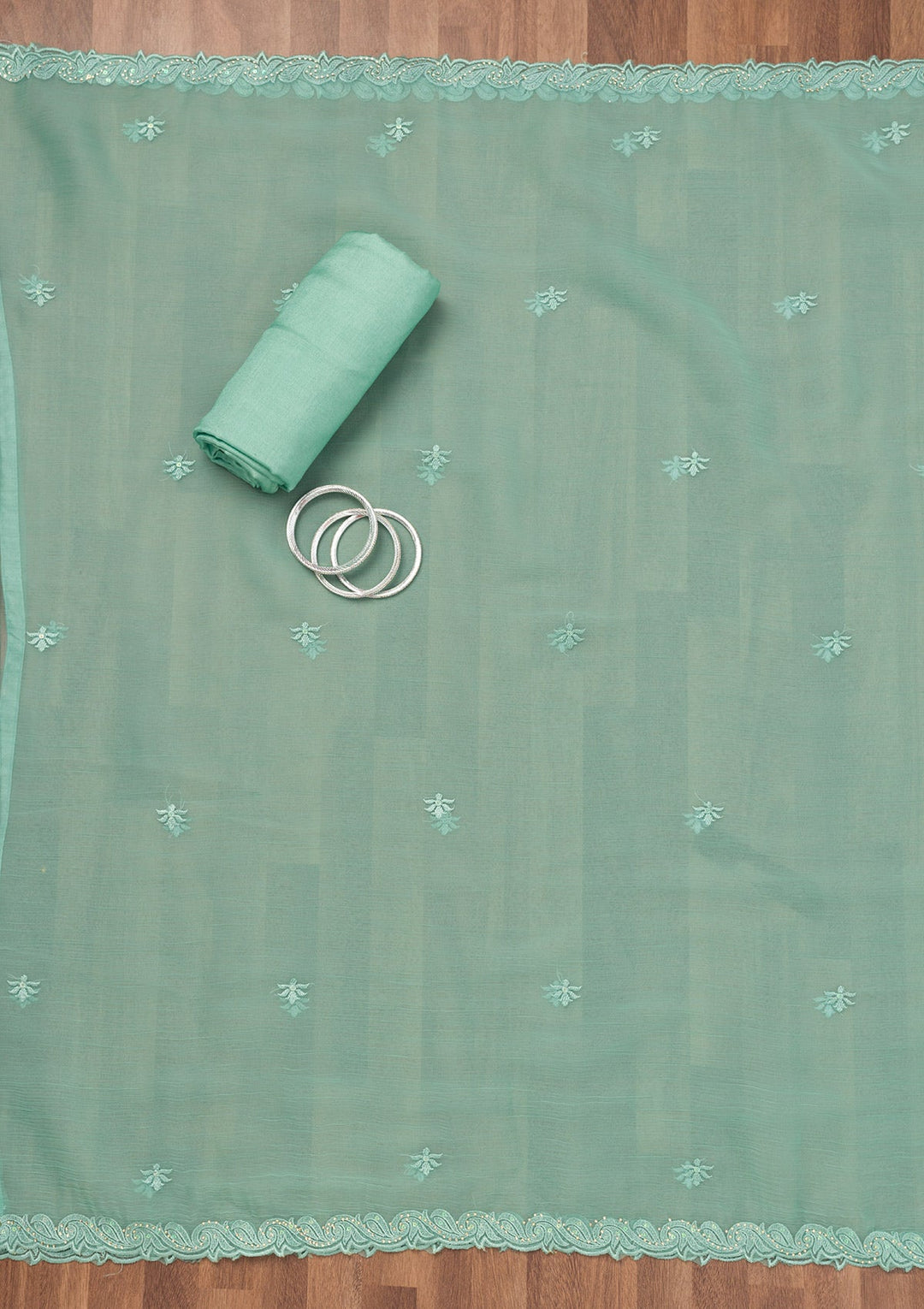 Sea Green Threadwork Tissue Unstitched Salwar Suit-Koskii