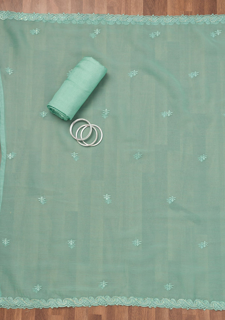 Sea Green Threadwork Tissue Unstitched Salwar Suit-Koskii