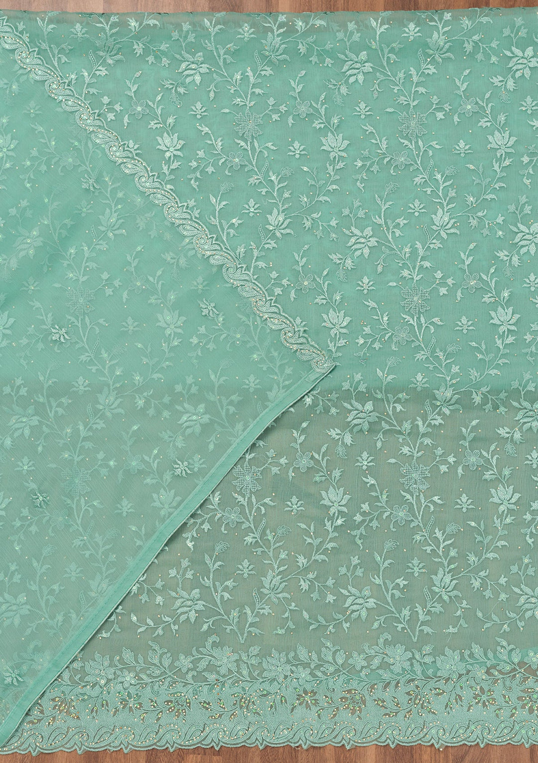 Sea Green Threadwork Tissue Unstitched Salwar Suit-Koskii