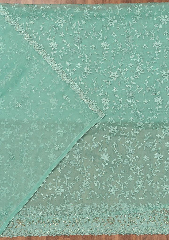 Sea Green Threadwork Tissue Unstitched Salwar Suit-Koskii