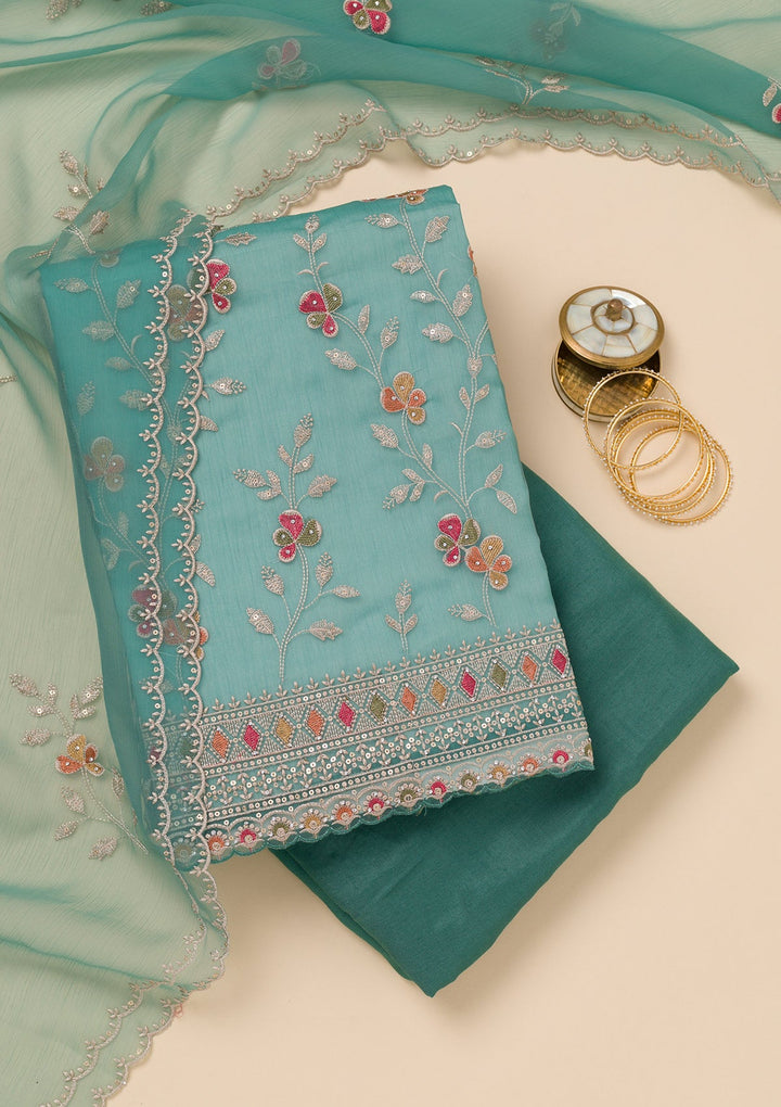Sea Green Threadwork Tissue Unstitched Salwar Suit-Koskii